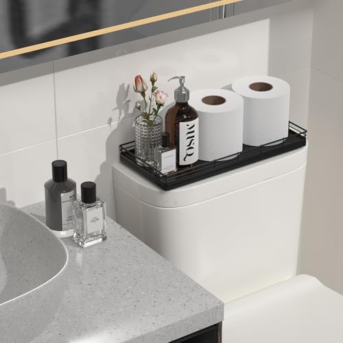 Oak Bathroom Toilet Tank Tray, 13" Wood Toilet Paper Storage Basket Back of Toilet Basket Organizer, Vanity Tray for Perfume Makeup Candle Kitchen Counter Coffee Table Black Tray Decor - Image 3
