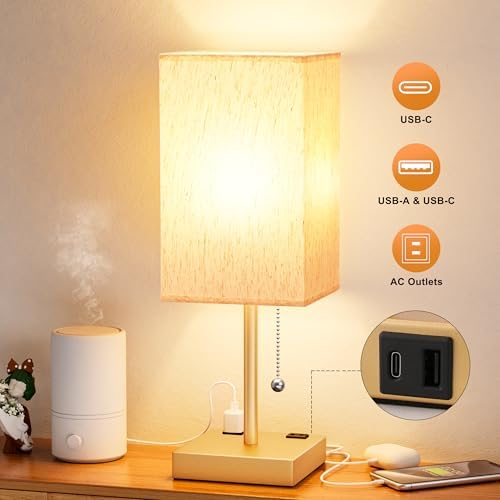 Gold Bedside Lamp for Bedroom - 3 Color Temperatures, USB A+C, 2 AC Outlets - Image 4