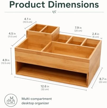 Bamboo Desk Organizer with Pen Holder and Open Shelf, Multi-Compartment Desktop Organizer for Mail, Notes, Books and Office Supplies, Space Saving Storage for Home Office Desk - Image 2