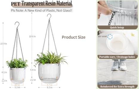 Melphoe 2 Pack Self Watering Hanging Planters Indoor Flower Pots, 5.3/8.3 Inch Outdoor Hanging Basket, Plant Hanger with 3Hooks Drainage Holes for Garden Home (White) - Image 6