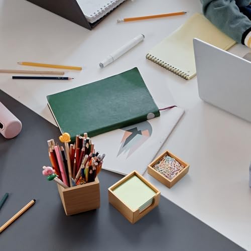 Desk Organizer Set of 3 - Wood Office Desk Accessories - Desk Organizers and Accessories for Women Men - Set incl. Pencil Pen Holder, Paperclip Storage and Sticky Note Holder - Image 5