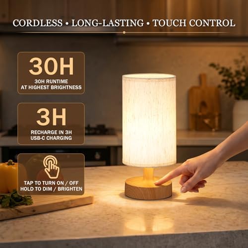 Kakanuo Cordless Table Lamp Rechargeable Small - 1 Pack Beige Wood, 4000mAh Battery Operated Lamp with Touch Control Stepless Dimming, Wireless Lamp for Bedside, Nightstand, Bedroom, Living Room - Image 2