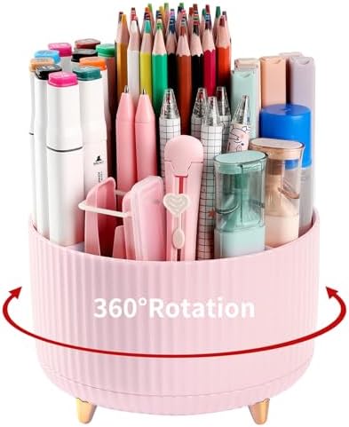 Desk Pencil Pen Holder, 5 Slots 360°Degree Rotating Organizers for Desk, Desktop Storage Stationery Supplies Organizer, Cute Cup Pot Office, School, Home, Art Supply, Pink by EDENMS