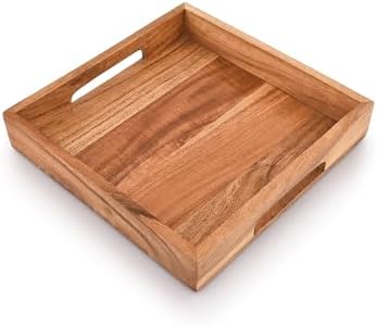 Samhita Acacia Wood Serving Tray with Handles,Wooden Serving Tray, Snack Tray, Breakfast Tray, Great for, Breakfast, Coffee |Size- 10" x 10" x 1.75" - Image 3