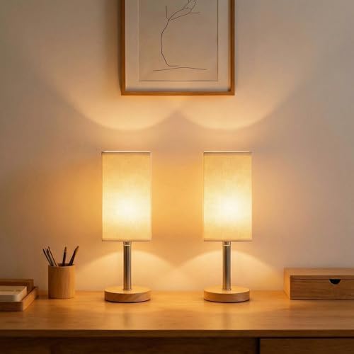 Small Table Lamp Set of 2, Bedside Lamp with 3000K Warm LED Bulb Included, Nightstand Lamp for Living Room Office Dorm Kids Room, Easy Assemble Minimalist Cream Shade & Wood Base(5W) by Unknown