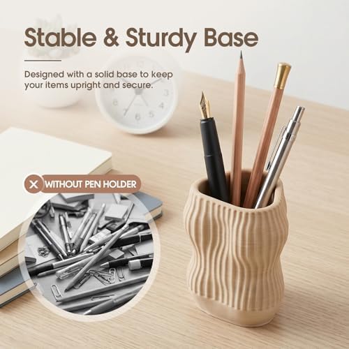 Aesthetic Desk Organizer Boho Pen Holder Modern Pencil Holder Beige Plastic Makeup Brush Organizer for Office Desk Accessories Stylish Home Office Art Decor Supplies(Stylish) - Image 3