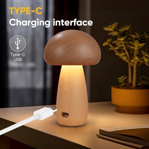 LONRISWAY Wooden Mushroom Lamp for Bedroom, Portable Cordless Small Rechargeable Battery Operated Lamp,Stepless Dimming, Night Light for Birthday Gifts - Image 6
