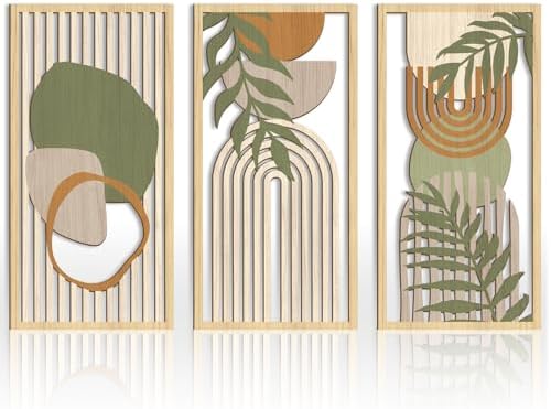 IARTTOP Boho Mid-Century Modern Wood Wall Art 16x32 Inch Large Green Abstract Wood Wall Decor Mid Century Bohemian Artwork for Bedroom Living Room Office Kitchen Set of 3 by IARTTOP