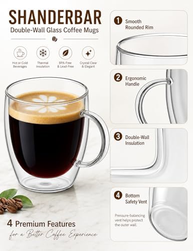 12oz Double Walled Glass Coffee Mugs with Handles, Set of 4 - Image 3