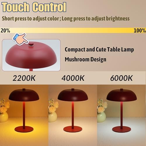 2 Pack Cordless Mushroom Table Lamp, Rechargeable, Dimmable 3 Color, Red - Image 3