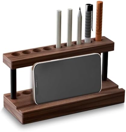 Pencil & Pen Holder for Desk, Solid Walnut Pen Display Stand with 9 Slots and Cell Phone Holder, Aesthetic Pen Organizer for Minimalist Office Desk Decor by FATASTYDirect