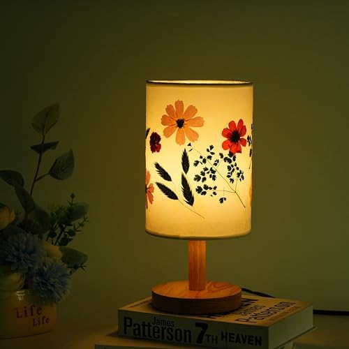 Decorative Table Lamp with Floral Shade Design, Wooden Base, Fabric Lampshade, Ambient Lighting for Bedroom, Living Room (White) - Image 4