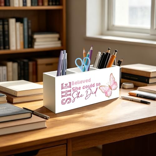 She Believed She Could So She Did Pen Pencil Holder Organizer for Desk, Inspirational Gifts for Women Friends, Graduation Gifts for Women Her, Pink Butterfly Wood Signs Desk Accessories - Image 4