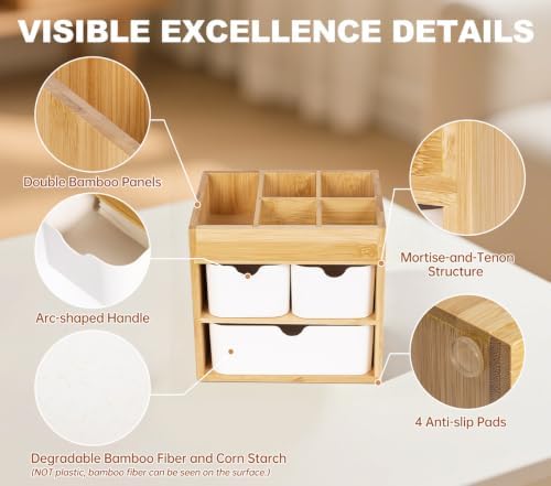 Bamboo Organizer with 3 Drawers, Small Organizer for Bathroom Countertop, Makeup Vanity Skincare/Cosmetic Organizer Box, Desktop Organization for Stationery, Adjustable & No Assembly Required - Image 3