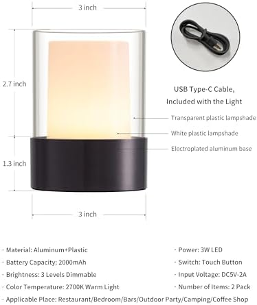 4" Black Cordless Table Lamp Set of 2, Outdoor Rechargeable Lamp - Image 5