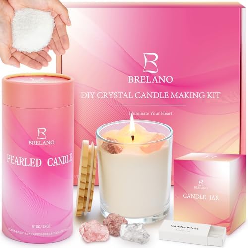 BRELANO Crystal Candle Making Kit – No-Melt Pearled Candle Sand, 18 oz Sand Wax, 30 Cotton Wicks, 3 Natural Crystals & Glass Jar – DIY Candle Gift Set for Women & Home Decor by BRELANO