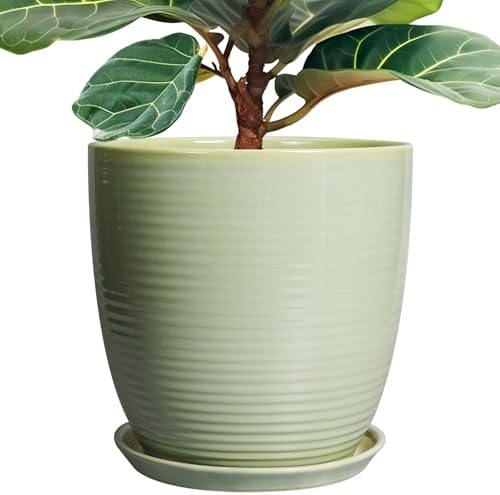 12 Inch Pots for Plants - Round Ceramic Planter with Drainage Hole and Plant Saucer for Flower Indoor Outdoor, Modern Room Office Home Garden Decor, House Warming Gifts, Green by EPFamily