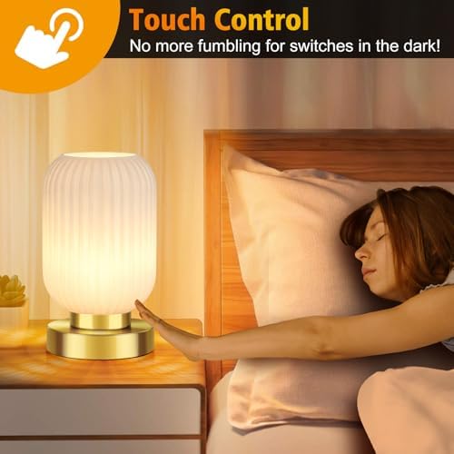 Mid Century Modern Table Lamp with Milk White Ribbed Glass Shade,Touch Control & 3 Way Dimmable, Small Gold, Vintage Bedside Lamp for Bedroom, Living Room,Office (Bulb Included) - Image 2