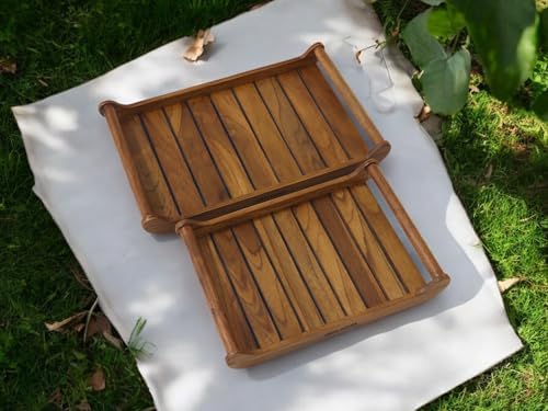 Vesta Homes Set of 2 Romper Teak Wood Rectangular Serving Tray for Home/Kitchen/Restaurant/Office Organizer/Dining Table|Premium Wooden Trays| 18 X 12 ; 15 x 10 inches | Handcrafted in India - Image 4