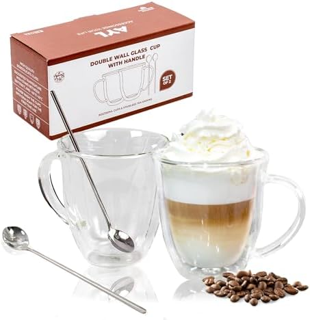 AYL Double Wall Coffee Mugs with Handle (9oz) - Insulated Glass Cups for Tea, Coffee, Cappuccino, Espresso & Latte - Elegant & Clear Beverage Glasses by AYL