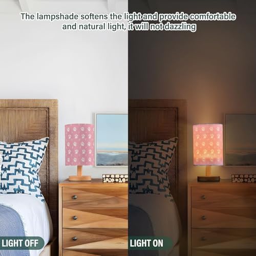 Cute Dog Cat Paw Prints and Hearts Pink Bedside Table Lamps with USB Port for Bedroom Lamp Table Lamp Small Nightstand Lamp Linen Shade Wooden Base Decorative Lamps for Kids|Reading|Dorm|Home - Image 3