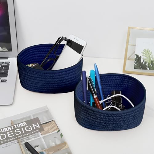 ABenkle 【2 Pack】 Small Woven Baskets, Tiny Oval Shallow Storage Baskets, Mini Cotton Rope Empty Decorative Basket, Boho Little Organizer Bins for Bathroom, Cat Dog Toy Gifts Basket - Image 5