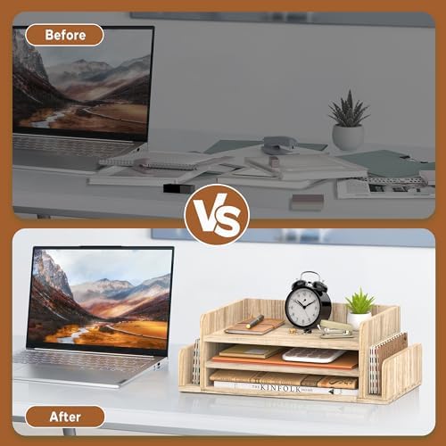 Wooden Desk Organizer, 3-Tier Paper Trays with 2 Mail Sorters, Natural Wood - Image 6