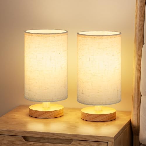 Fenmzee 8.5" Small Table Lamps Set of 2 - Light Beige Shade & Wood Base by Fenmzeelighting