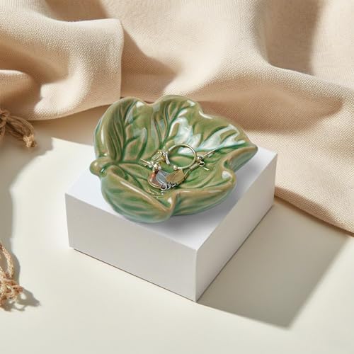 3.5' Green Cute Leave Ceramic Jewelry Tray for Dressing Table - Image 6