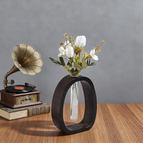 UNICRAFTALE Dark Brown Solid Wood Vase Small Desk Hydroponic Plant Frame Glass Test Tube Vases Decorative Single Flower Holder Office Home Decoration for Garden Terrarium - Image 4
