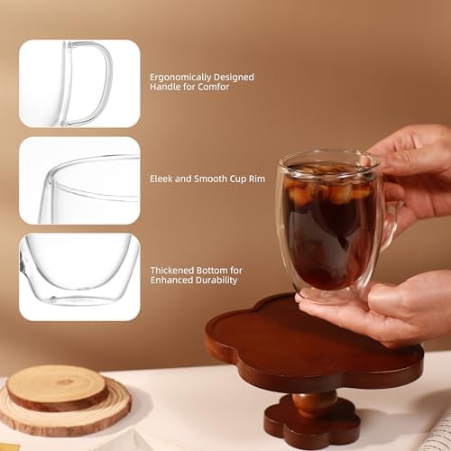 CNGLASS 12oz Double Walled Glass Coffee Mugs(4-pack),Insulated Glass Mugs with Handle,Clear Espresso Cups for Latte,Cappuccino,Tea Bag - Image 3