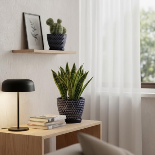 Docrin Blue Honeycomb Ceramic Plant Pot Set - 6.6"+5.5" Inch, Modern Decorative Planters with Drainage Holes & Saucers for Indoor/Outdoor Home Office - Image 6