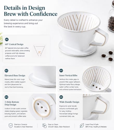 Gomakren Ceramic Pour Over Coffee Dripper, 3-Hole Cone Brewer, White - Image 5