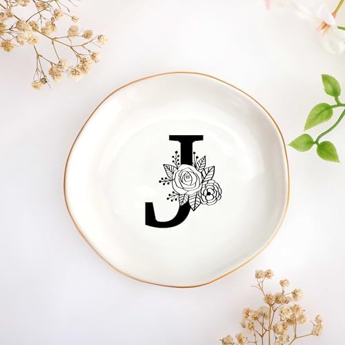 JoycuFF Initial J Ceramic Jewelry Tray, Bridesmaid Bride Gifts, Best Friend Mom Grandma Sister Engagement Birthday Gifts for Women, Trinket Dish for Rings Earrings Necklaces Bracelets Keys by Joycuff