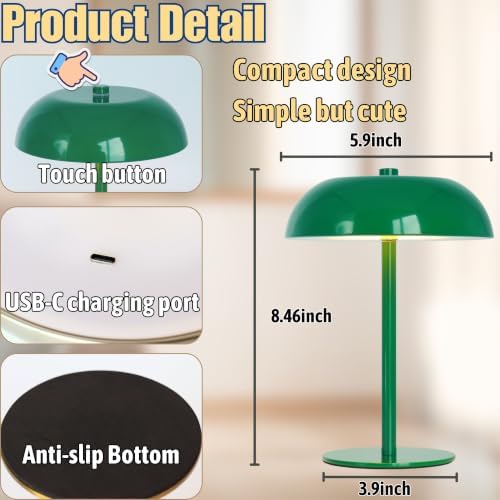 Cordless LED Mushroom Table Lamp, 5200mAh Battery, Dimmable 3 Color, Green - Image 4