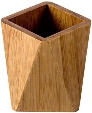 Bamboo Wood Pen Holder Stand for Desk Geometric Pencil Cup Pot Cute Desktop Office Supplies, Makeup Brushes Organizer (Bamboo) - Image 2
