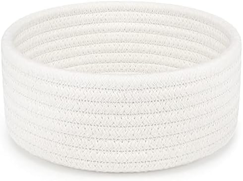 ABenkle Small Woven Basket, Empty Tiny Shallow Storage Basket, Mini Cotton Rope Baskets, Round Decorative Hamper, Basket Storage Bins for Toys, Spa, Socks, Nursery, Living Room- White by ABenkle