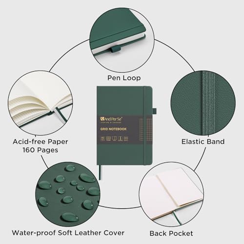 &And Per Se Graph Notebook, 5mm Grid, A5 Hardcover, 160 Pages 100gsm Thick Paper, Grid Journal for Diagrams, Wireframes, CAD Sketches (Green) - Image 3