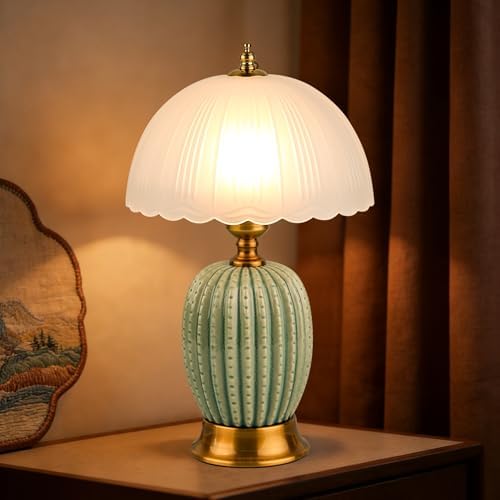 Vintage Green Ceramic Cactus Small Table Lamp for Bedroom by URLIGHTS