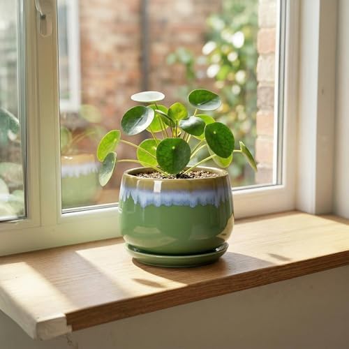 Ceramic Planter 6 Inch - Ceramic Pots for Plants with Drainage and Saucer, Decorative Small Succulent Pots for Indoor Plants, Round Plant Pot, House Decor, House Warming Gifts, Green-Blue - Image 3