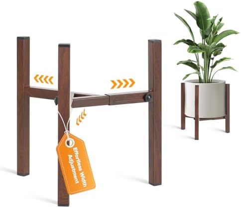 Plant Stand Indoor Adjustable, Metal Modern Indoor Plant Stand, Heavy Duty Plant Stands Outdoor Corner, Stable Plant Holder, Fits 8 to 12 Inches Pots, 1 Pack, Walnut Wood-Grain by GardenLighting