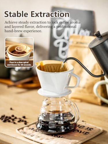 Gomakren Ceramic Pour Over Coffee Dripper, 3-Hole Cone Brewer, White - Image 4