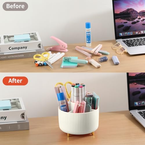 Desk Pencil Pen Holder, 5 Slots 360°Degree Rotating Pen Organizers for Desk, Desktop Storage Stationery Supplies Organizer, Cute Pencil Cup Pot for Office, School, Home, Art Supply, Beige - Image 4