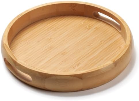 9.8" Round Bamboo Tray with Handles, Wood Serving Tray, Decorative Tray by XIMISISE