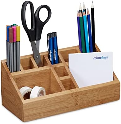 Relaxdays Bamboo Desk Organiser, Pencil Holder, 10 Compartments, Wood Grain, Size: 10 x 23 x 10 cm, Natural Brown by Relaxdays