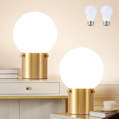 Somniferous Gold Table Lamps Set of 2, Small Bedside Lamps with Frosted Glass Globe Shade, Mid Century Modern Lamp, Nightstand Lamps for Bedroom Living Room Dorm, 7W LED Bulb Included by Somniferous