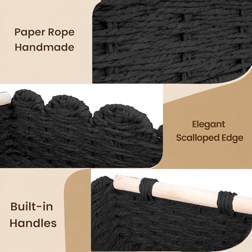 iEGrow Paper Rope Small Storage Baskets for Organizing, Set of 2 Scalloped Edge Wicker Basket with Wooden Handles Toilet Paper Basket for Over Toilet Storage Shelf, Home Decor, Living Room (Black) - Image 4