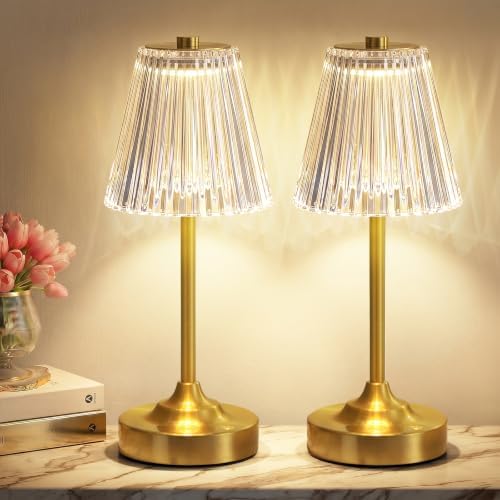Kakanuo Gold Cordless Rechargeable Table Lamp, Touch Battery Powered Lamp, 3 Color Modes, Crystal Acrylic Lampshade, Portable Ambient Night Light for Desk, Bedroom, Dining Room, Kitchen, Bar (2 Pack) by KakanuoLightings