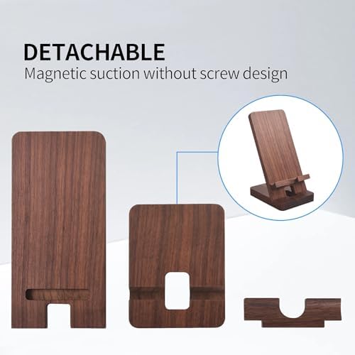 Wood Phone Stand with Mirror, Desktop Wooden Phone Holder, Portable Office Phone Stand for Desk, Wood ipad Stand， Compatible with iPhone & All Cell Phones(Walnut with Mirror) - Image 3