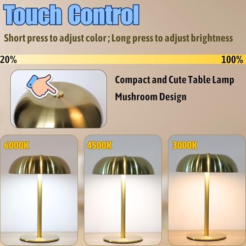 2 Pack Cordless Mushroom Table Lamp, Rechargeable, Dimmable 3 Color, Gold - Image 6